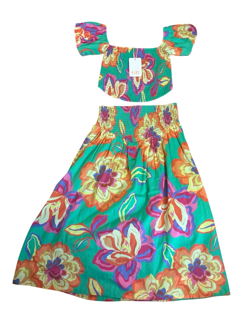 Vibrant Floral Two-Piece Crop Top & Skirt Set - Green, Orange, Pink 2pc.  Sz S
